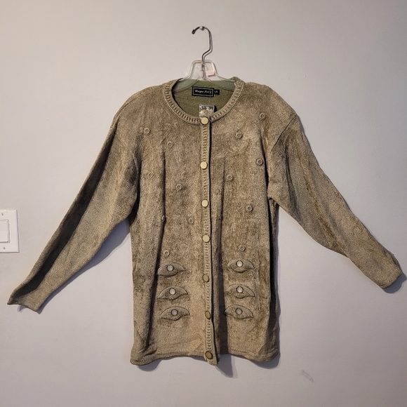 Vintage beaded velour sweater, olive, size large to XL - Picture 2 of 7